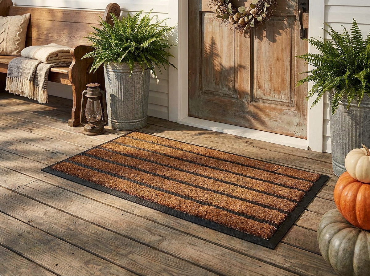Striped outdoor door mat at a farmhouse entry porch