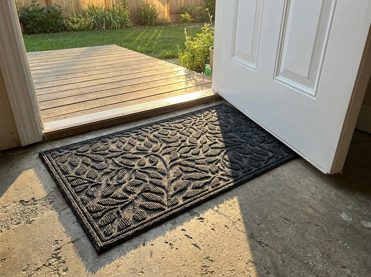 Polyester outdoor door mat at a back door
