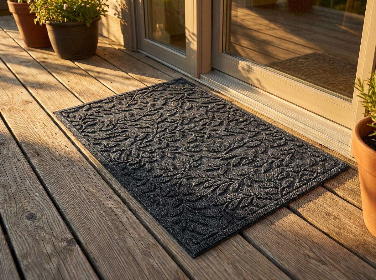 Polyester outdoor door mat on a wooden deck