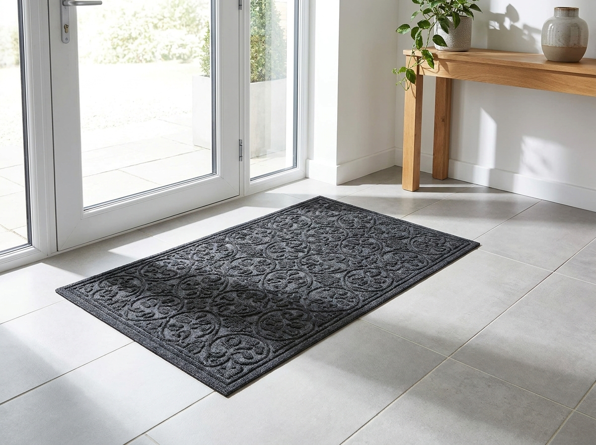 Polyester outdoor door mat at a modern entryway