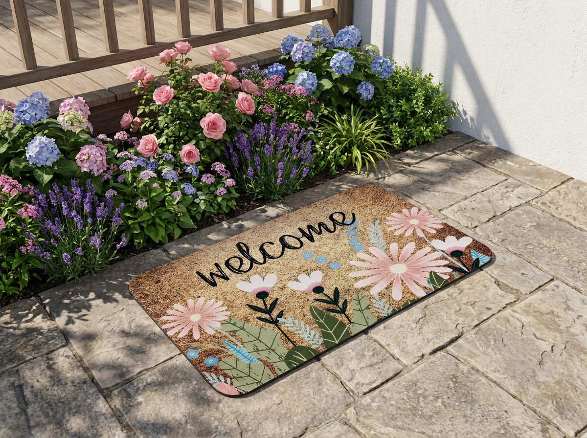 Daisy welcome mat on a patio by a garden