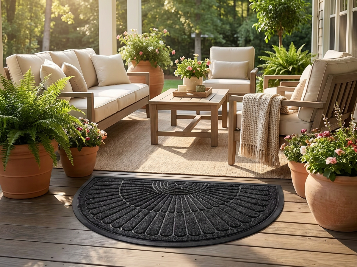 Outdoor rug on a covered patio with lounge furniture