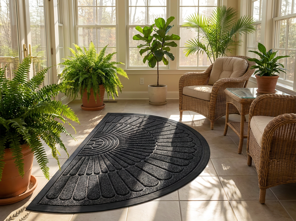 Weather-resistant rug in a bright sunroom