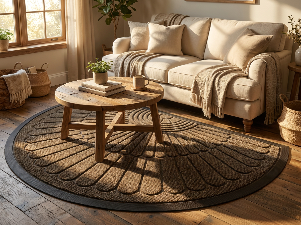 Weather-resistant rug in a cozy living room