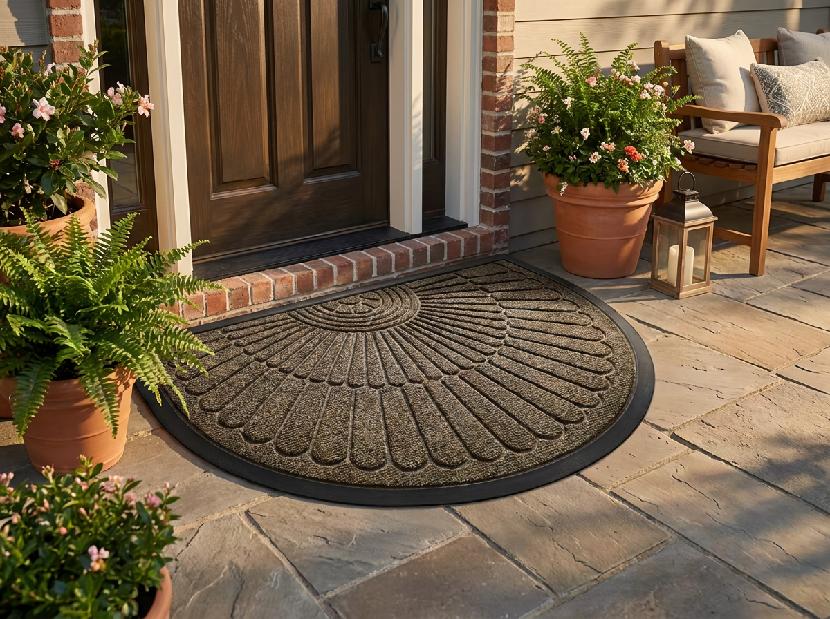 Outdoor rug on a patio near a front entrance