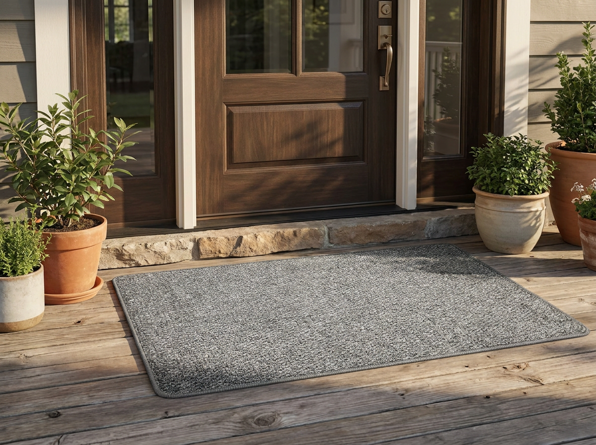 Grey doormat on front porch