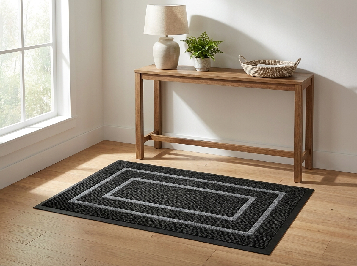 Dirt-trapper mat at an apartment entryway