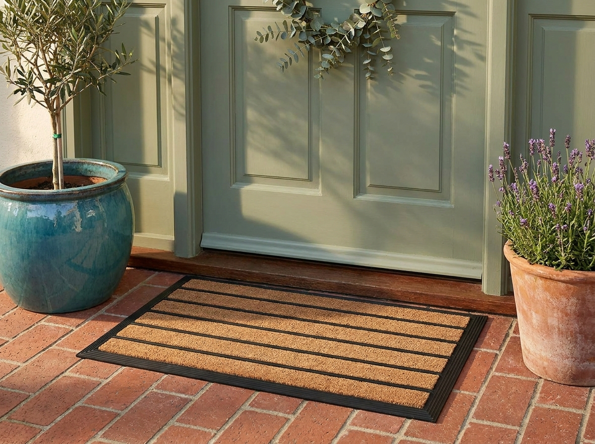 Striped outdoor door mat at a front door entrance