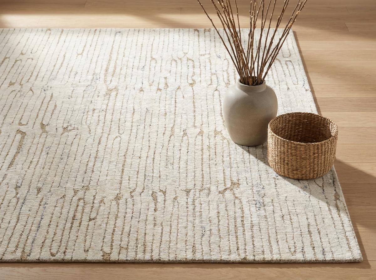 Oatmeal striped rug styled vignette