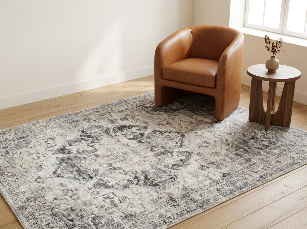 Brio vintage rug by a leather accent chair