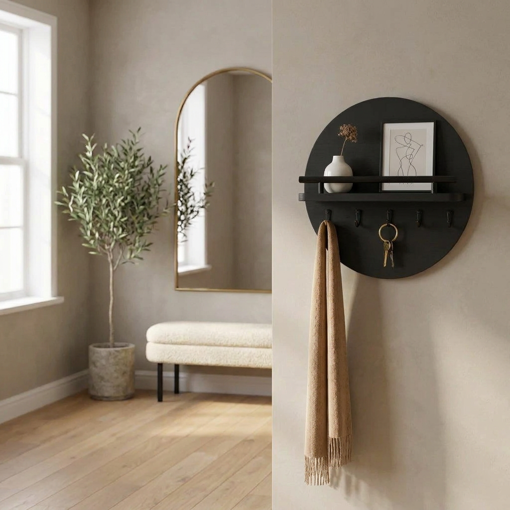 Round Wall Organizer — Black, styled in a modern entryway