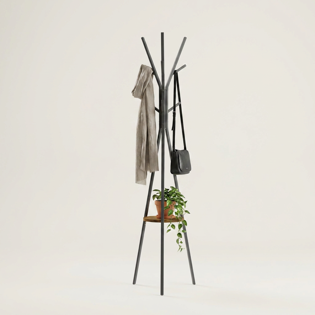Freestanding Tree Coat Rack — with scarf, crossbody bag and shelf plant