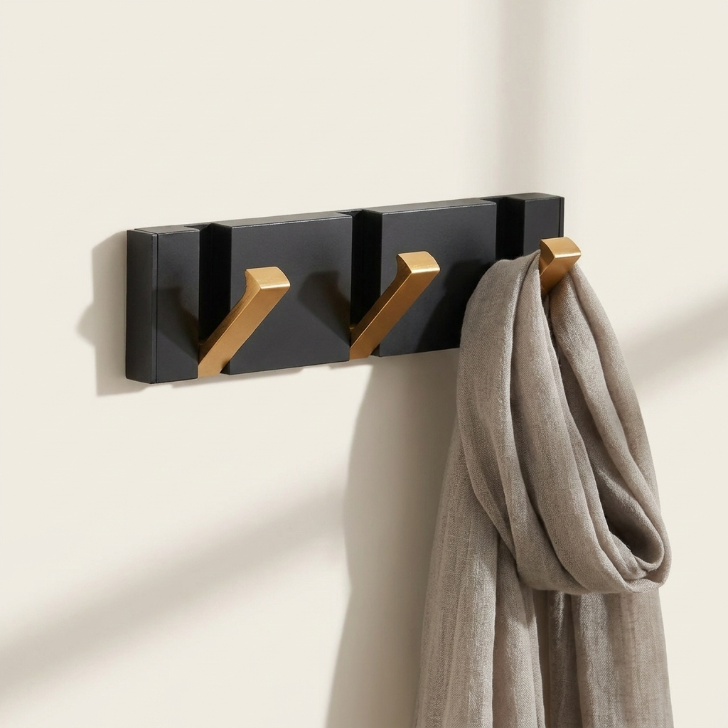 Foldable Wall Hook Rack — Black/Gold, front view with linen scarf