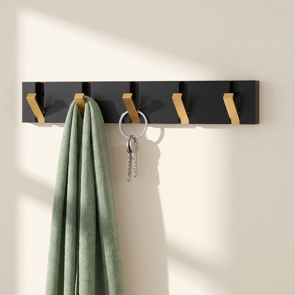 Foldable Wall Hook Rack — Gold 5-hook with sage scarf