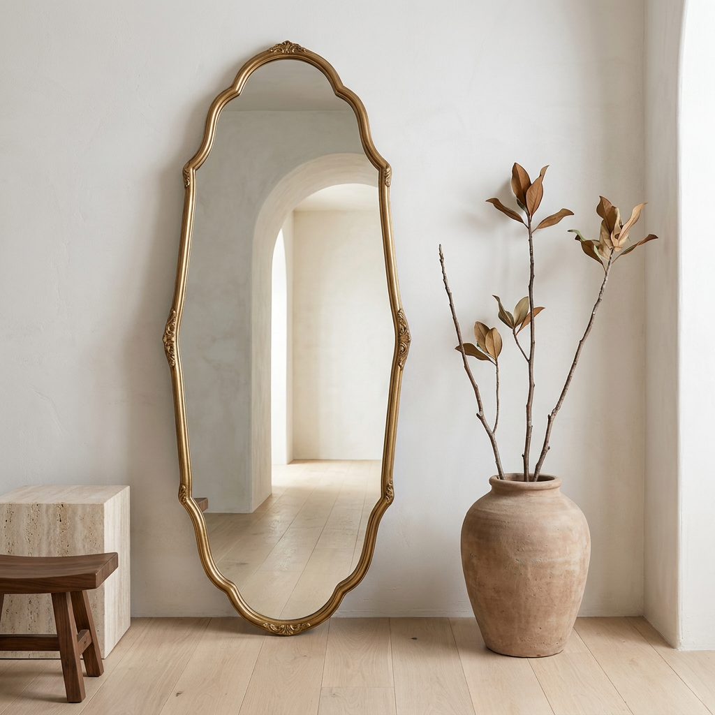 Vintage Full-Length Wall Mirror, French-Inspired — beside magnolia branches on a travertine plinth