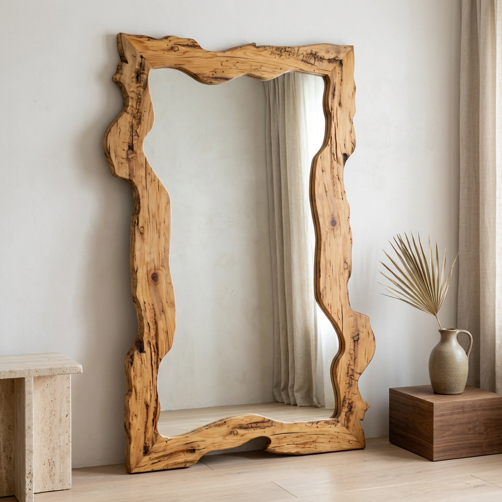 Rustic Solid Wood Mirror, Raw-Cut Pine — in a chalk-white room with walnut plinth