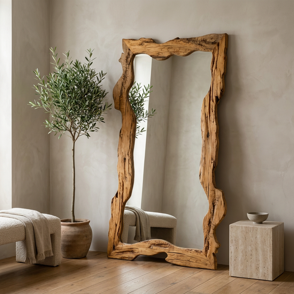 Rustic Solid Wood Mirror, Raw-Cut Pine — scale view beside a full-height olive tree