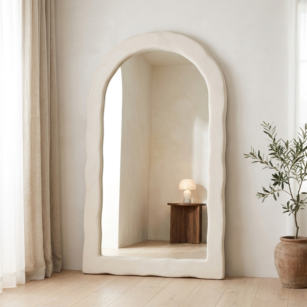 Wabi Sabi Full Length Floor Mirror, Irregular Arch — beside a linen curtain and walnut side table