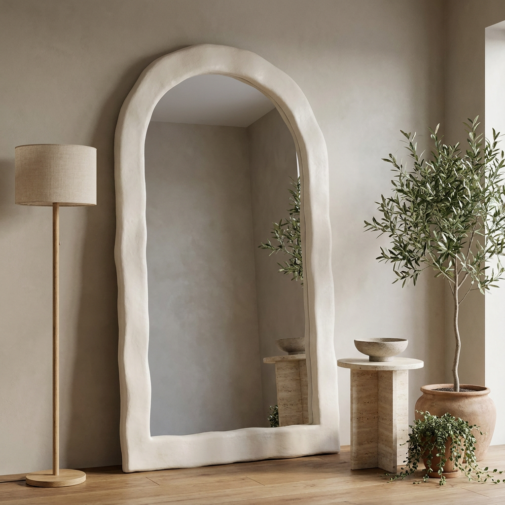 Wabi Sabi Full Length Floor Mirror, Irregular Arch — in a plant corner with potted olive