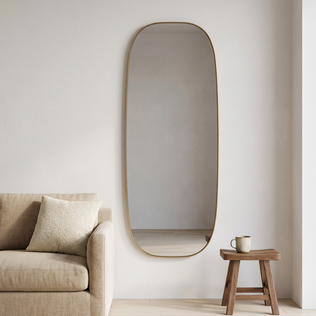 Modern Oval Full Length Wall Mirror, Slim Brass Frame — above a sand linen sofa