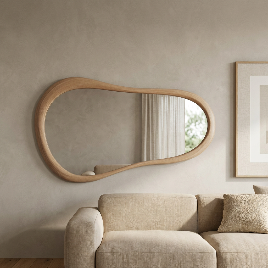 Cloud Shape Wall Mirror, Oak Finish — on a window wall beside sheer linen