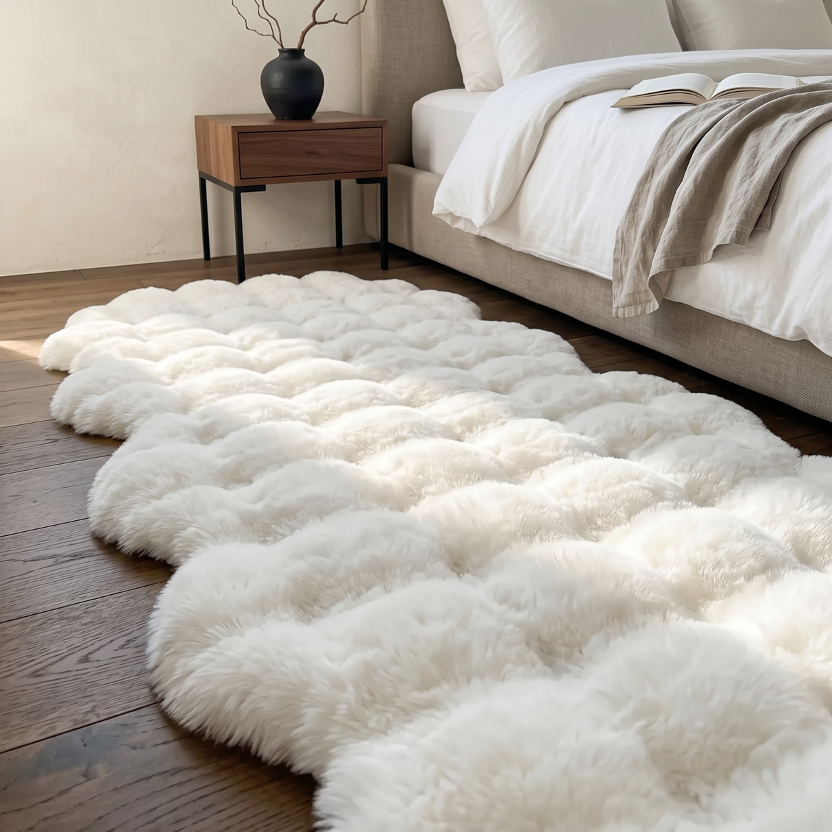 Plush Faux Fur Runner Rug — White, bedside in a modern bedroom