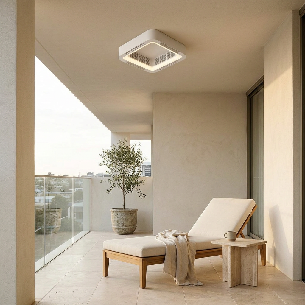 Bladeless flush mount ceiling fan on a covered balcony