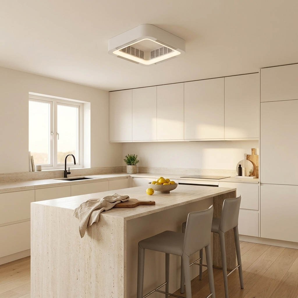 Bladeless flush mount ceiling fan in a modern kitchen