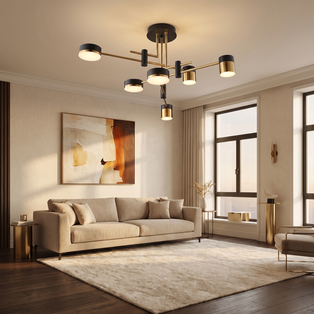 Pylon Arm Chandelier in a living room