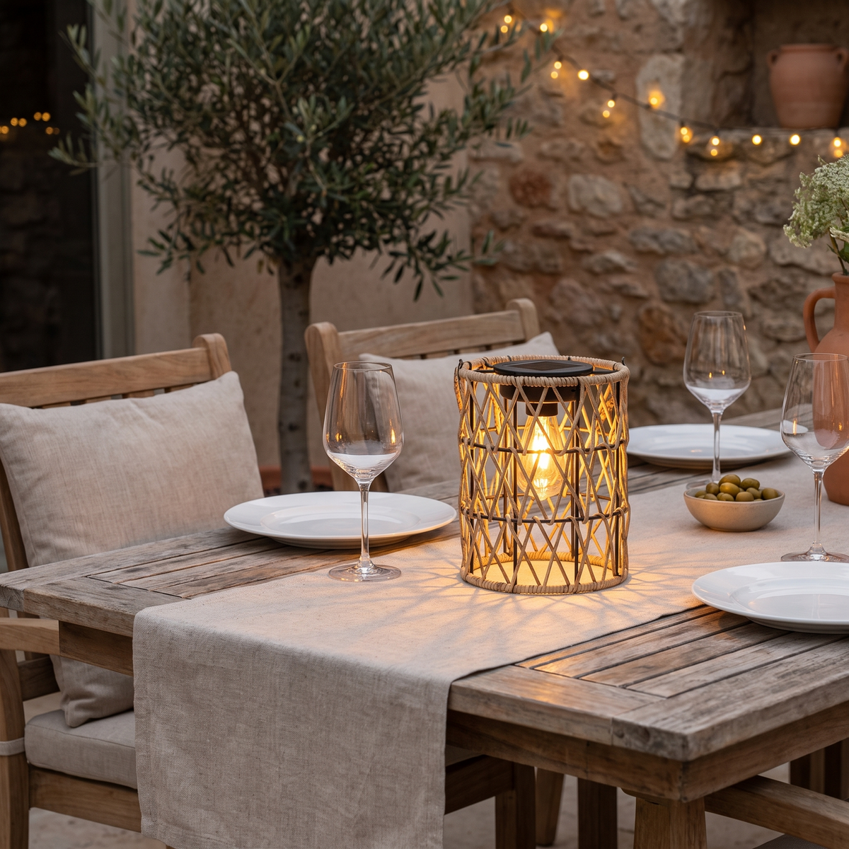 Woven Solar Lantern — X-Shaped on an outdoor dining table
