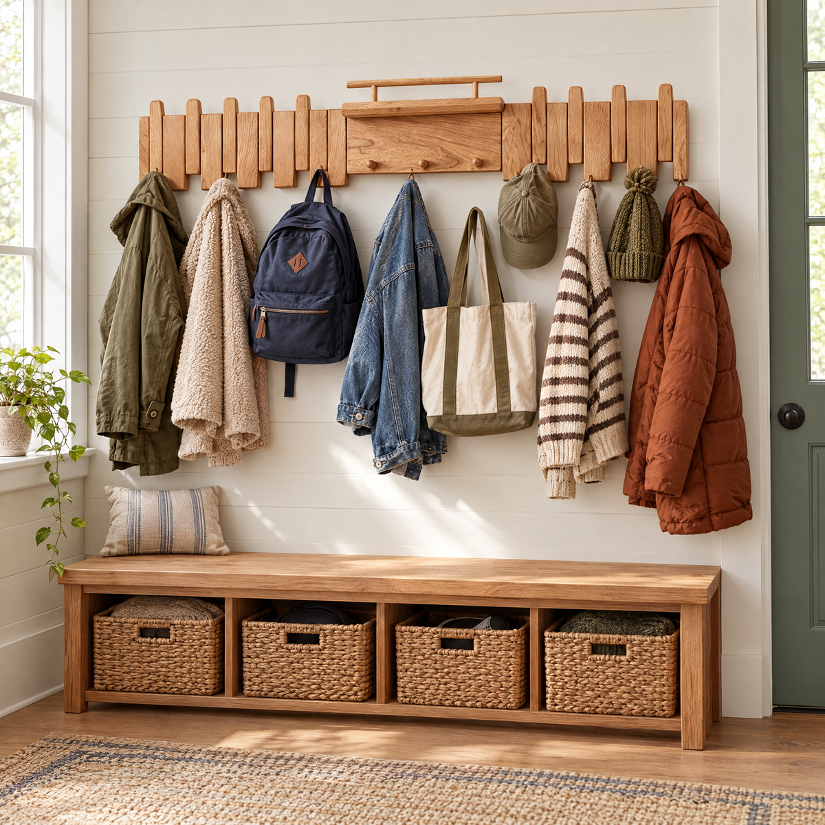 Cadence Oak Coat Rack lifestyle - family mudroom with coats, bags and hats