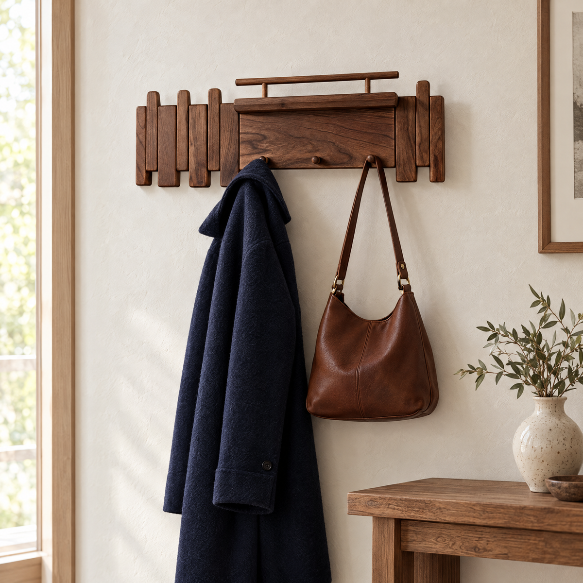 Cadence Oak Coat Rack — hallway with navy coat and leather bag