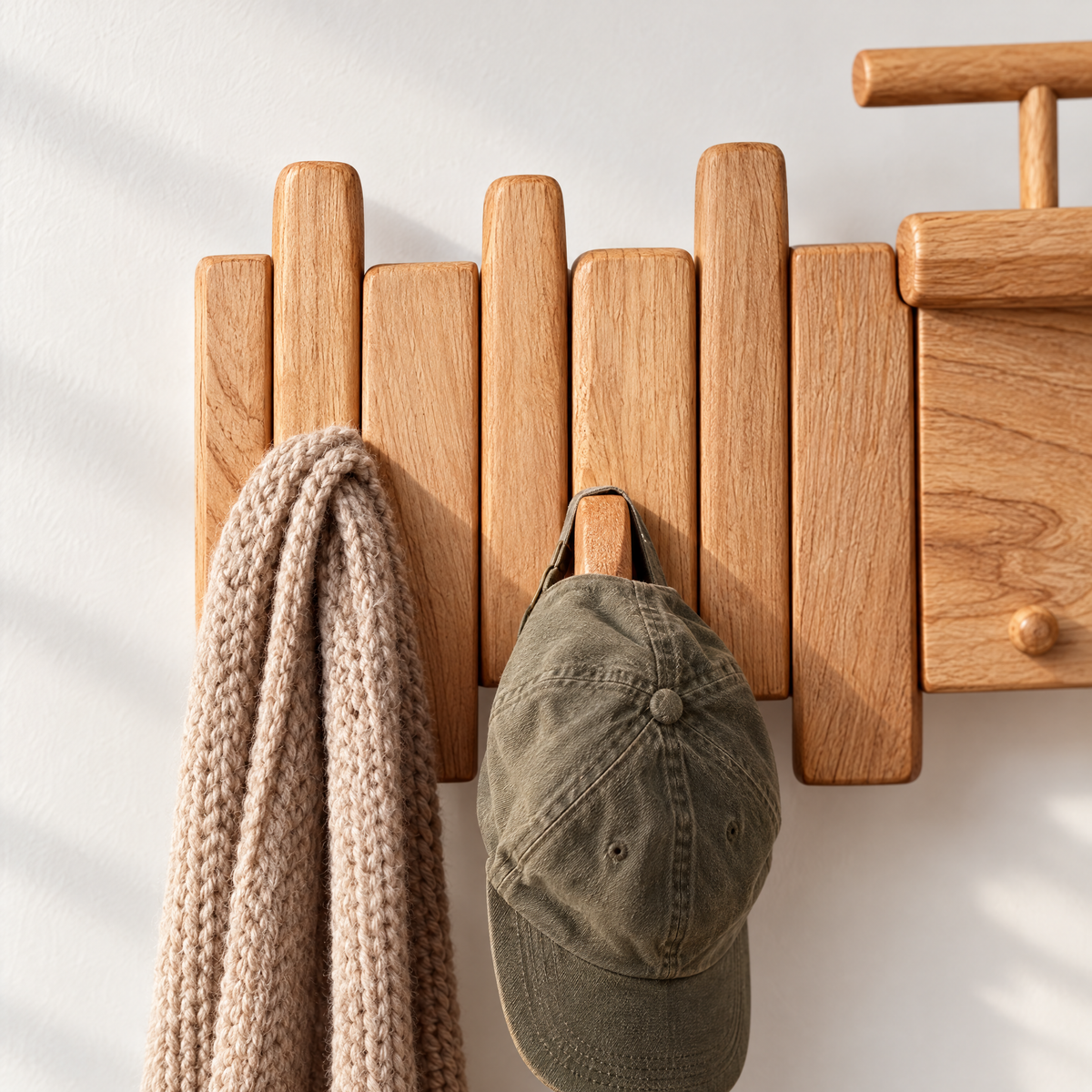 Cadence Oak Coat Rack lifestyle - close-up of piano-key planks with scarf and cap