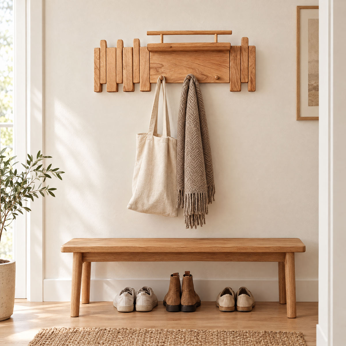 Cadence Oak Coat Rack lifestyle - entryway with bench, tote and scarf