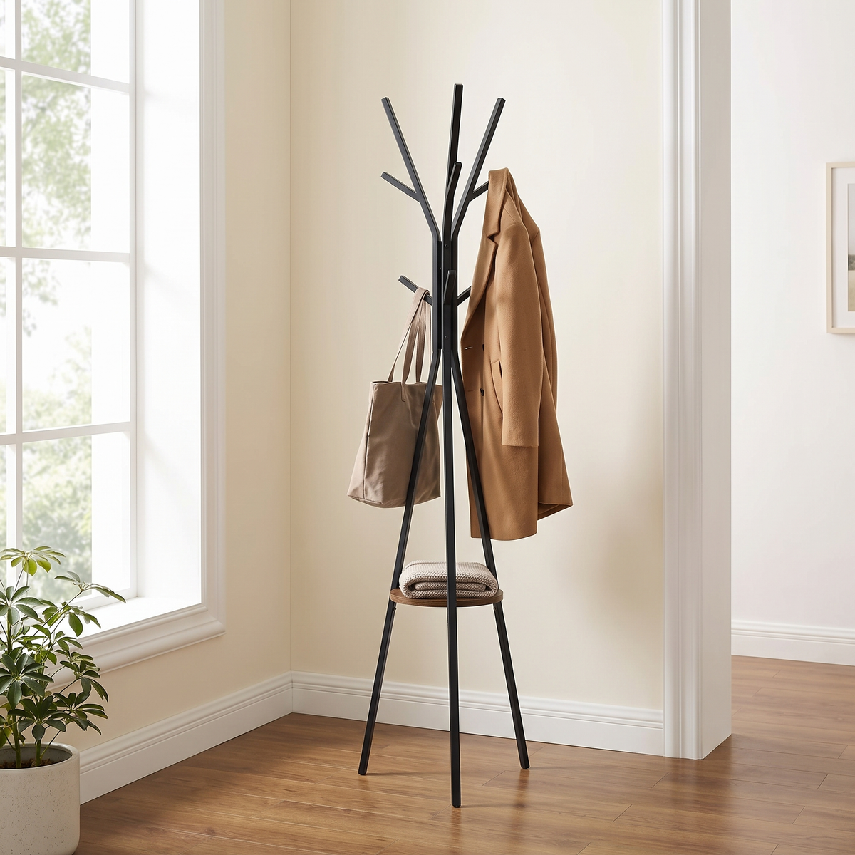 Shelf Coat Stand — in an entryway corner with camel coat and tote