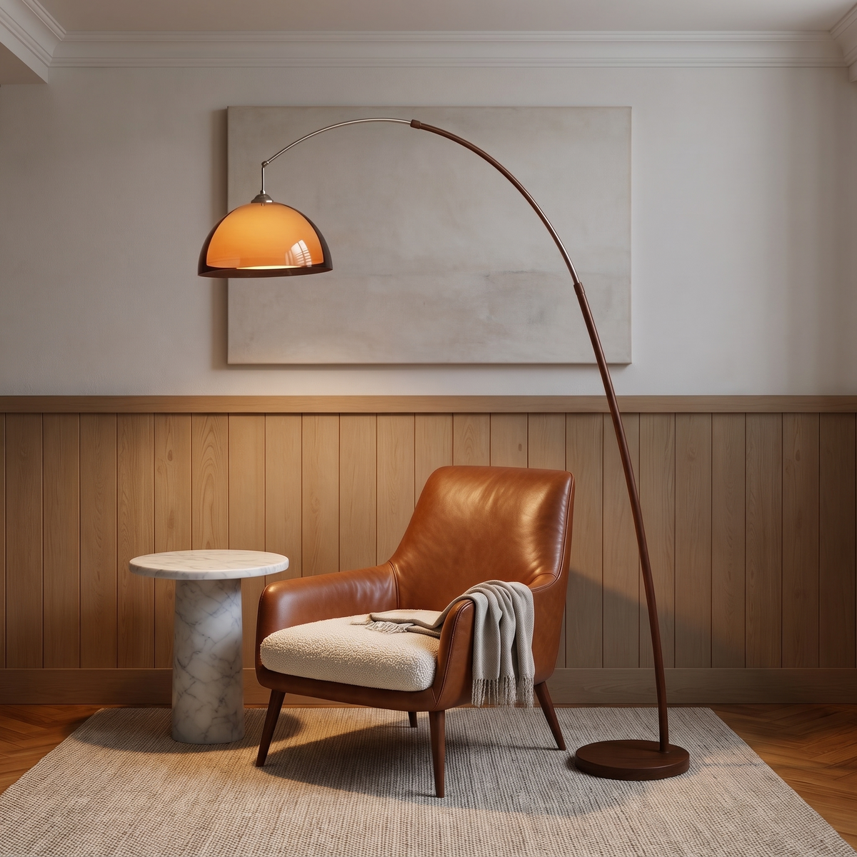 Linden Arc Floor Lamp — accent chair lifestyle