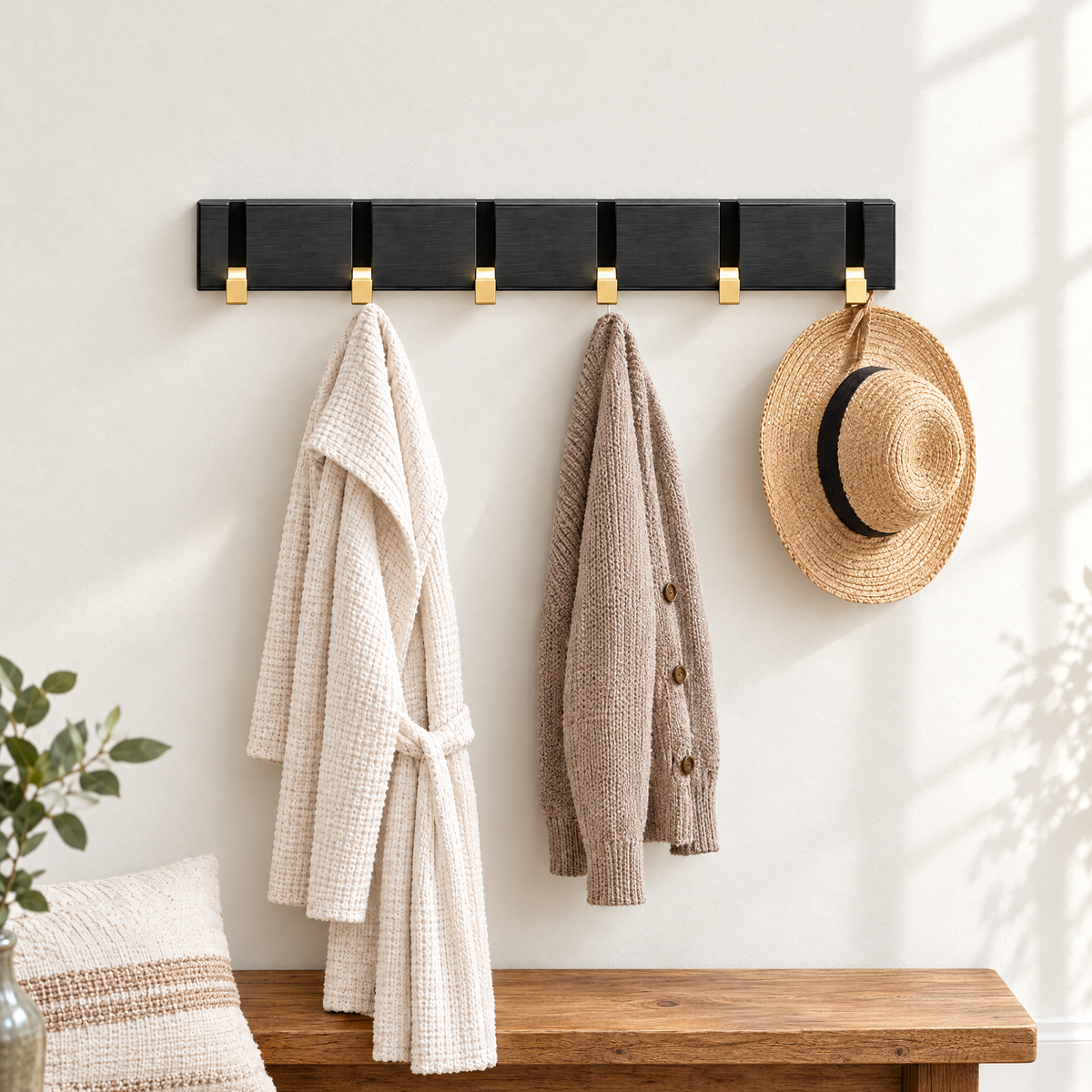 Foldable Hook Rack — Black/Gold, 6 hooks, robe, cardigan and straw hat above a bench