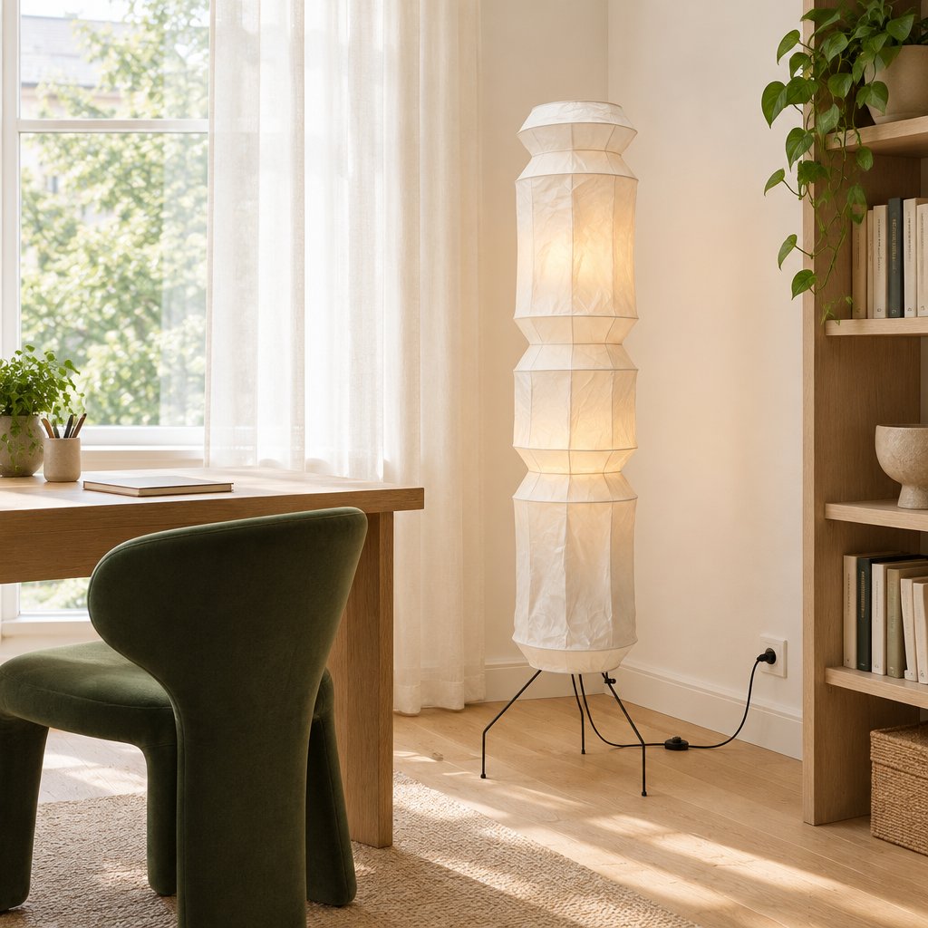 Kyoto Washi Paper Floor Lamp — home study in daylight, lamp on