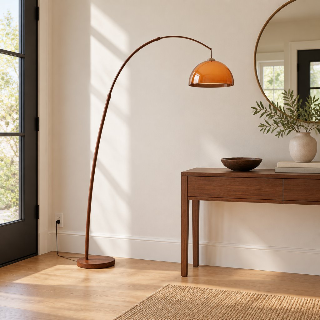 Linden Arc Floor Lamp — entryway in daylight, lamp off