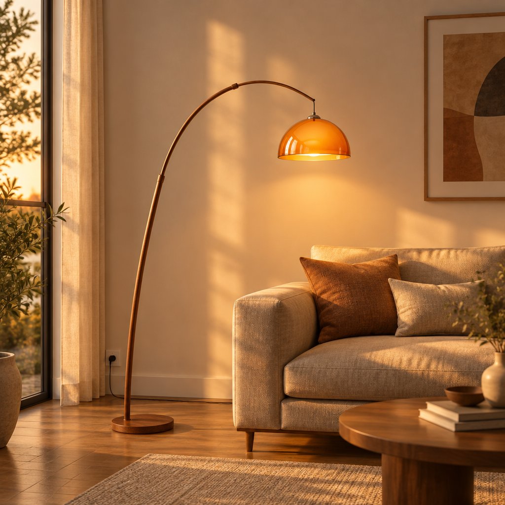 Linden Arc Floor Lamp — living room at golden hour, lamp on