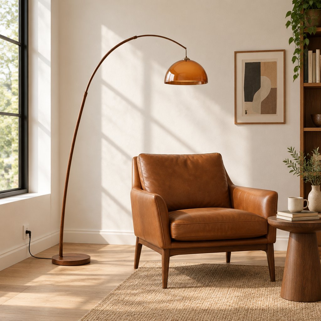 Linden Arc Floor Lamp — reading corner in daylight, lamp off