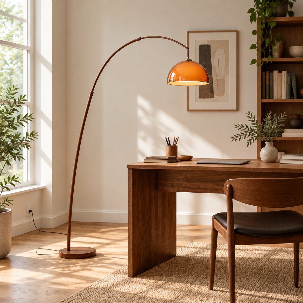 Linden Arc Floor Lamp — study in daylight, lamp on