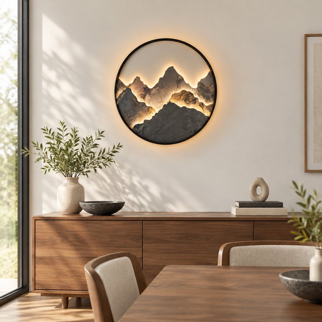 Mountain Wall Light switched on above a sideboard in daylight