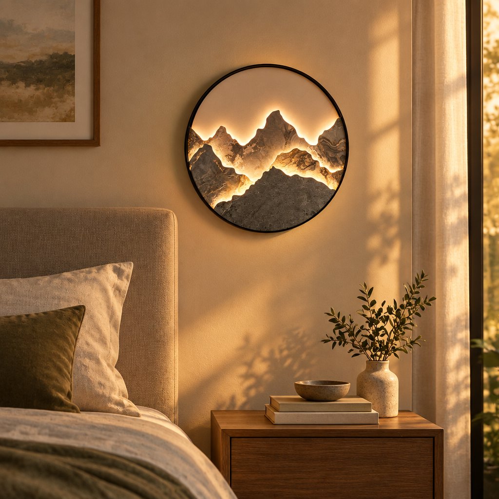 Mountain Wall Light glowing beside a bed in warm evening light