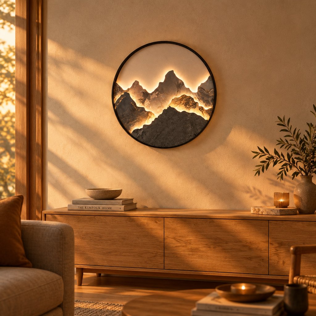 Mountain Wall Light glowing on a living room wall at golden hour