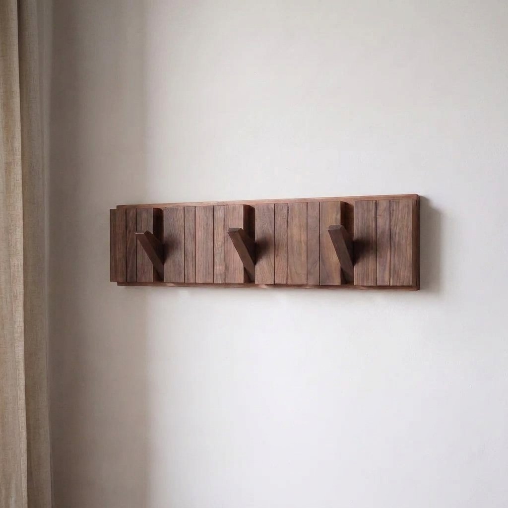 Nordic Walnut Rack — hooks folded down, on off-white wall