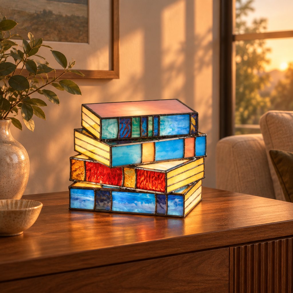 Novella Stained-Glass Table Lamp — living room at golden hour, lamp on