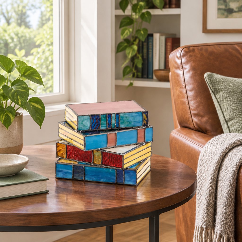 Novella Stained-Glass Table Lamp — reading corner in daylight, lamp off