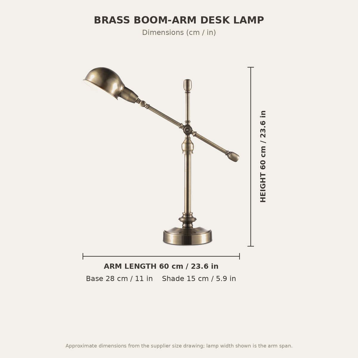 Brass Boom-Arm Desk Lamp - dimensions diagram