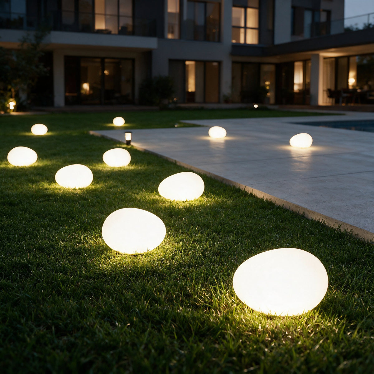 Pebble Glow Landscape Light - lifestyle image pool deck at dusk